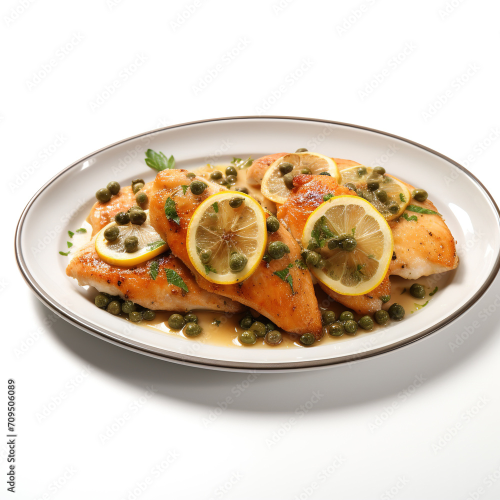 Chicken Piccata with Lemon Caper Sauce, isolated on a crisp white background Chicken Piccata with Lemon Caper Sauce, isolated on a crisp white background
