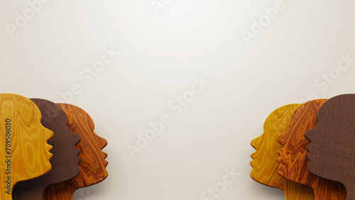 Concept of racial equality, anti-racism, diversity, stop racism, humanity, different wood textures, silhouette, diverse cultures, cultural diversity, wooden face shape, Cooperation, collaboration photo