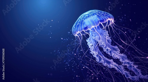  a close up of a jellyfish on a dark blue background with a light shining on it's head.