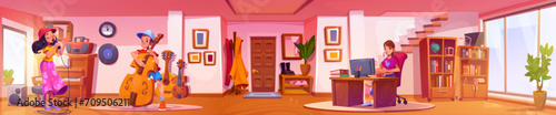 Woman working at home office workplace with computer on desk, boy kid playing contrabass and child girl singing with microphone in panoramic house interior with entrance door, stairs and living room.