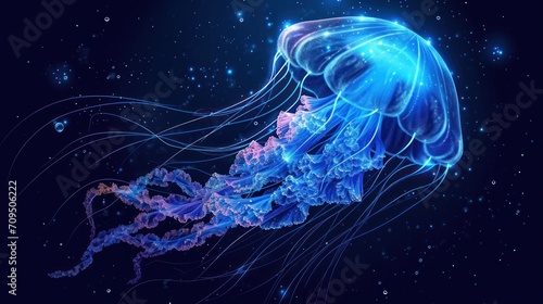  a close up of a jellyfish on a dark background with a blue sky and stars in the back ground.