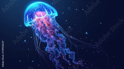  a jellyfish floating in the air with a lot of blue and pink bubbles on it's back end. © Shanti
