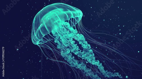  a close up of a jellyfish floating in the water with a blue glow on it's back side.