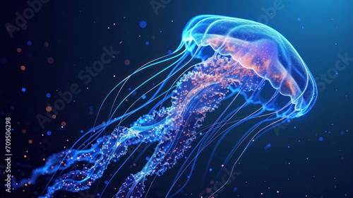  a close up of a jellyfish on a black background with blue and pink lights in the water and bubbles in the water. © Shanti