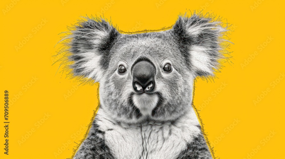 a black and white photo of a koala on a yellow background with a black and white photo of a koala on a yellow background. a black and white photo of a koala on a yellow background with a black and white photo of a koala on a yellow background.