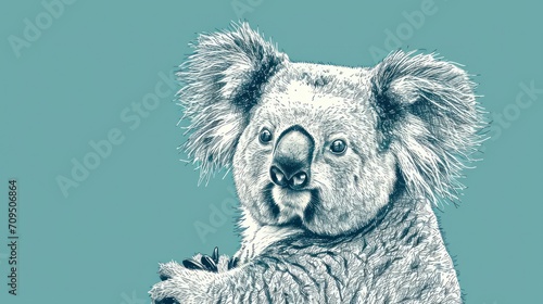  a black and white drawing of a koala holding a baby koala in it's arms on a blue background.