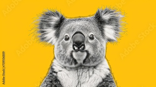  a black and white photo of a koala on a yellow background with a black and white photo of a koala on a yellow background.