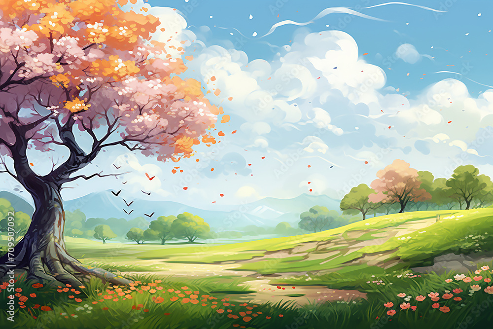 Beautiful landscape illustration of spring with cherry blossoms and mountains