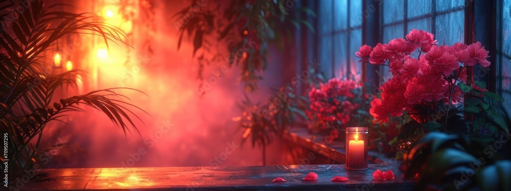 Fototapeta premium Romantic Room With Abundant Flowers and Candles for a Valentines Day Generative AI