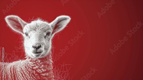  a close up of a sheep s face on a red background with a blurry look on its face.