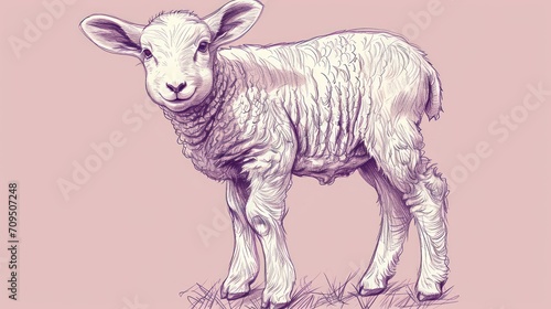  a drawing of a sheep standing on top of a grass covered field in front of a pink background with a black outline.