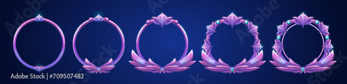 Avatar frame or menu banner for game level rank ui design. Cartoon vector set of evolution process of fantasy decorative metal circle border with different amount of curling edges and diamonds.