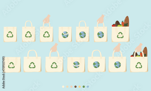 Hand drawn vector illustration of Happy Earth day eco friendly reusable tote bag concept minimal line doodle drawing element set. Save the earth, eco friendly. For web, banner, campaign, social media photo