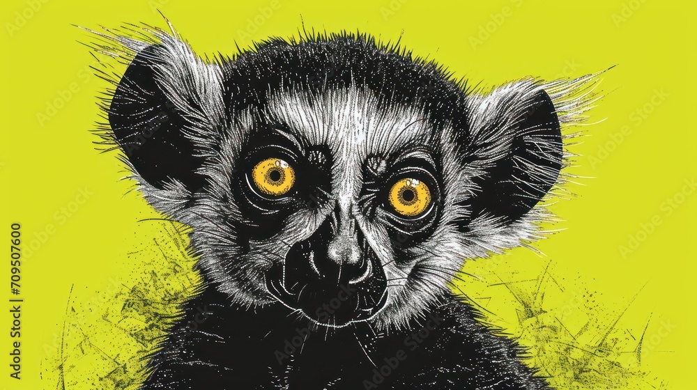 a black and white picture of a monkey's face with yellow eyes on a yellow background with grass and weeds. a black and white picture of a monkey's face with yellow eyes on a yellow background with grass and weeds.