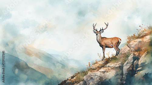 Watercolor image of a deer standing on a cliff.