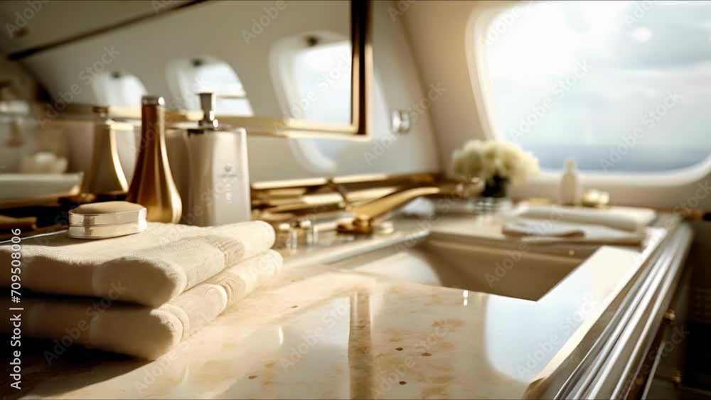Unwind in style on your private jet journey with a visit to the highend bathroom, where a stunning, everchanging sky serves as the perfect backdrop for a luxurious experience. Unwind in style on your private jet journey with a visit to the highend bathroom, where a stunning, everchanging sky serves as the perfect backdrop for a luxurious experience.