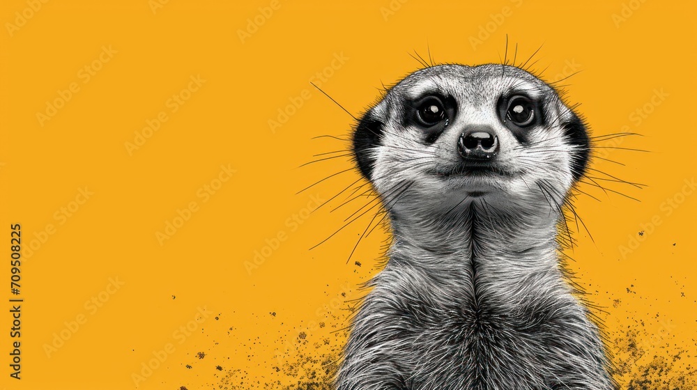 a close up of a meerkat's face on a yellow background with black and white paint splatters. a close up of a meerkat's face on a yellow background with black and white paint splatters.