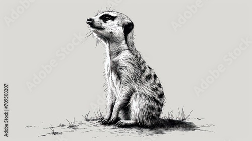  a drawing of a meerkat standing on its hind legs and looking up at something on a gray background.