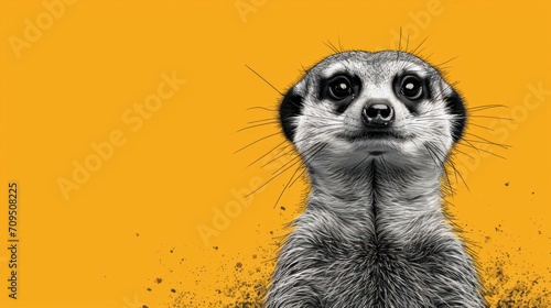  a close up of a meerkat's face on a yellow background with black and white paint splatters.