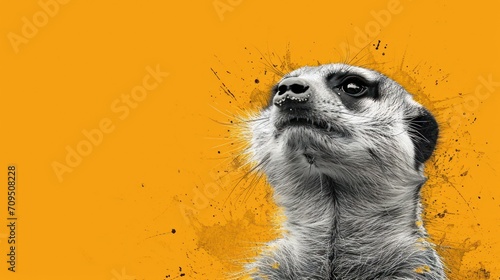  a close up of a meerkat's face on a yellow background with the meerkat looking up.