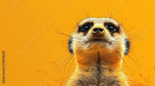  a close up of a meerkat's face on a yellow background with paint splattered around it.