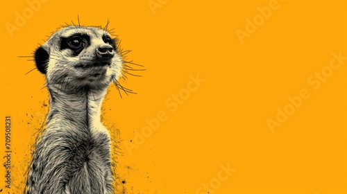  a close up of a meerkat's face on a yellow background with a black and white image of a meerkat.