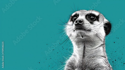  a close up of a meerkat's face on a teal background with black and white ink.