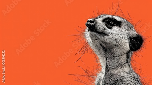  a close - up of a meerkat's face on an orange background with the meerkat looking up.