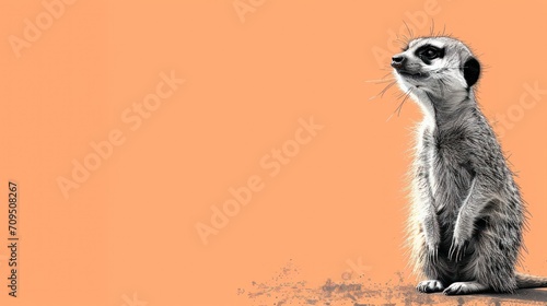  a meerkat standing on its hind legs in front of an orange wall and looking up at the sky.