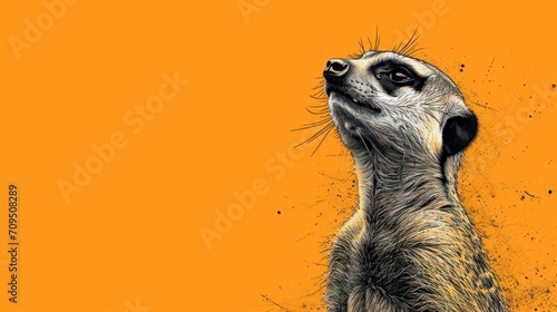 a close up of a meerkat's face on an orange background with dirt splatters around it.