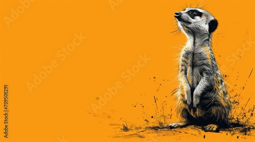  a drawing of a meerkat looking up into the sky on an orange background with a black and white drawing of a meerkat.