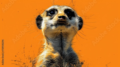  a close - up of a meerkat's face on an orange background with the meerkat looking up.