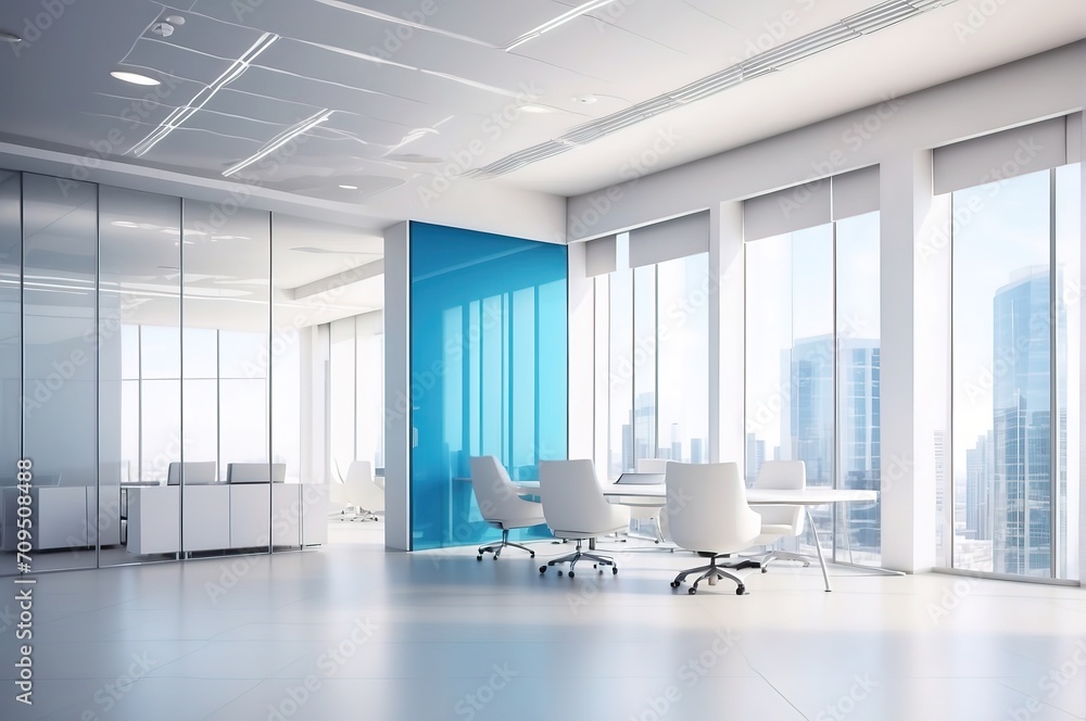 Modern white blue office interior of business center with glass wall and empty space for branding or presentation. Corporate background Modern white blue office interior of business center with glass wall and empty space for branding or presentation. Corporate background