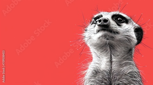  a close - up of a meerkat's face on a red background with the meerkat looking up.