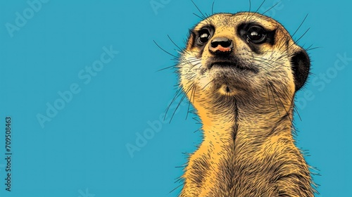  a close - up of a meerkat's face on a blue background with the meerkat looking up. © Shanti