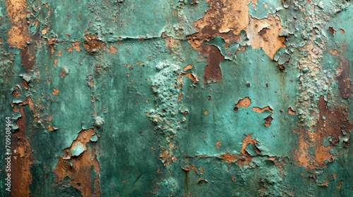 Aged copper surface with verdigris patina and water marks, illustrating the graceful aging of metal. photo
