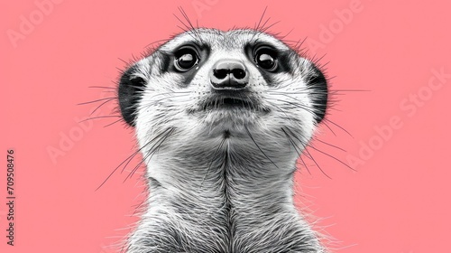  a close up of a meerkat's face on a pink background with the meerkat looking up. © Shanti