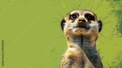  a close up of a meerkat's face on a green background with a grunge effect.