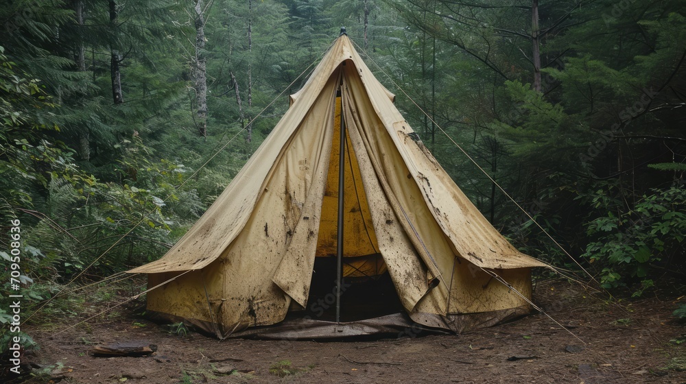 Faded and stained canvas tent in a forest setting. Faded and stained canvas tent in a forest setting.