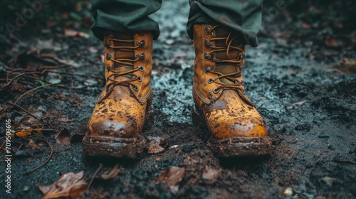 Dusty, cracked leather boots with oil stains. Symbolizing the rugged journey and endurance of a traveler.
