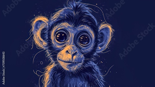  a close up of a monkey's face with blue and yellow lights on it's eyes and a black background. photo