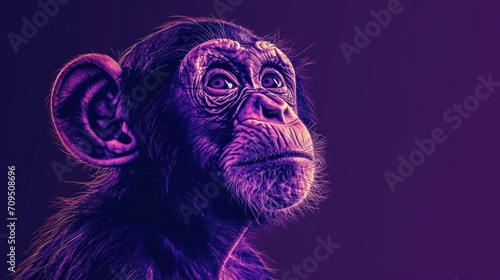  a close up of a monkey s face on a purple and purple background with a blurry image of a monkey s head.