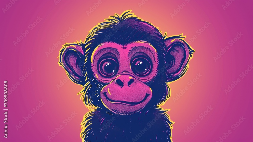  a close up of a monkey on a purple and pink background with a pink background and a black monkey on the right side of the image.
