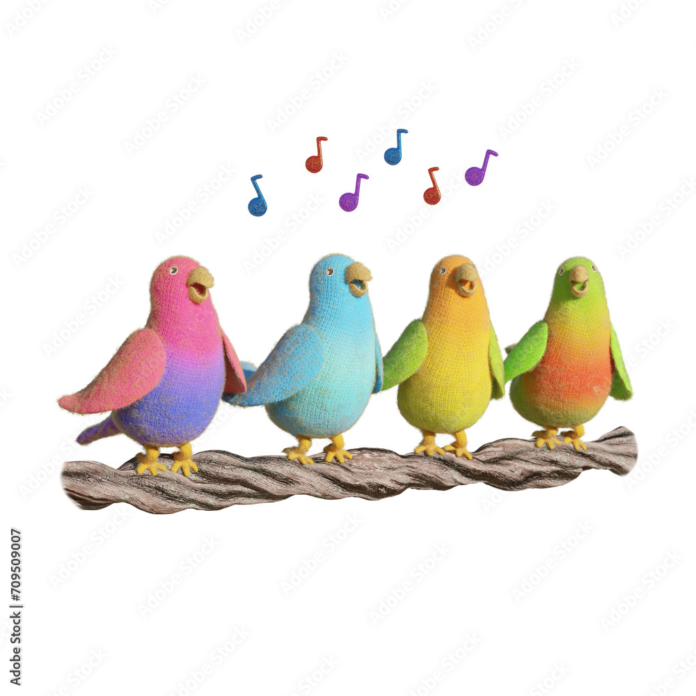 Grupo de periquitos cantando en una rama