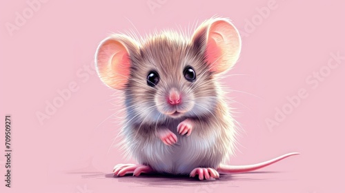  a small rat sitting on its hind legs on a pink background, with its front paws on the rat's hind legs. © Shanti