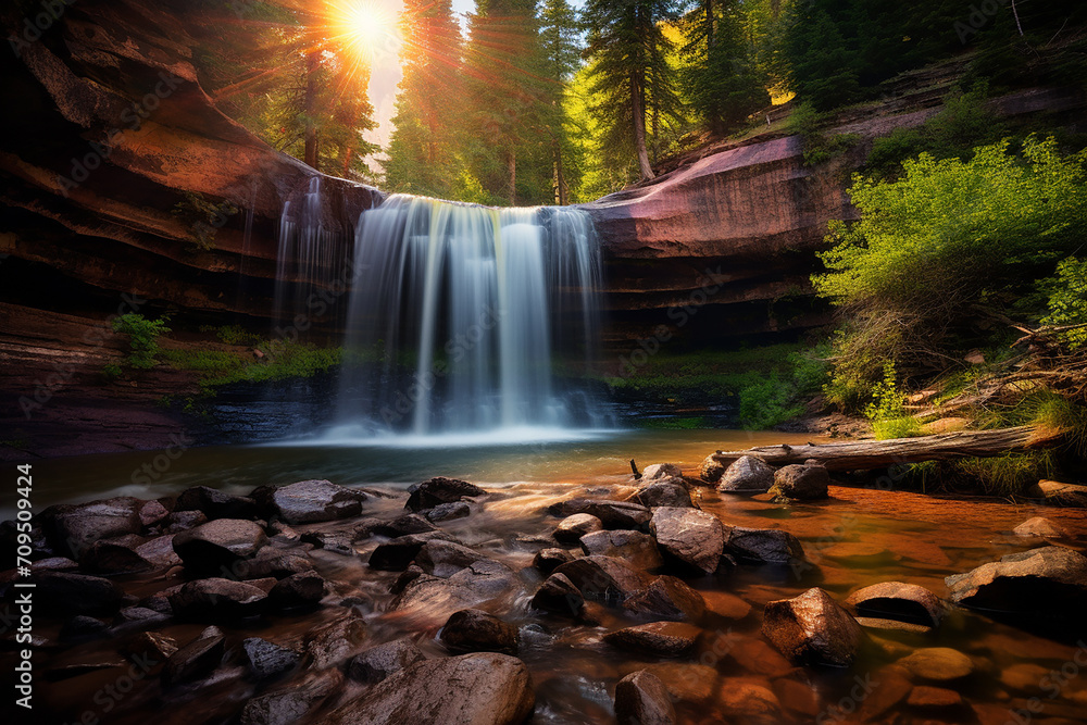 Fototapeta premium Spring waterfalls landscape with rainbow