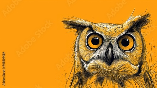  a close up of an owl's face on a yellow background with a black and white drawing of an owl's head. photo