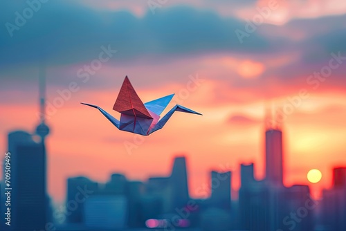 beautifully crafted origami crane floating against the backdrop of a cityscape during sunset photo