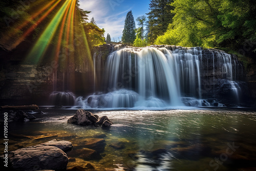 Spring waterfalls landscape with rainbow
