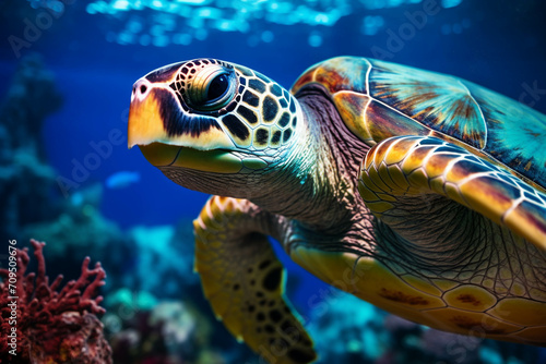 Image of a sea turtle swimming in the sea. © Gun